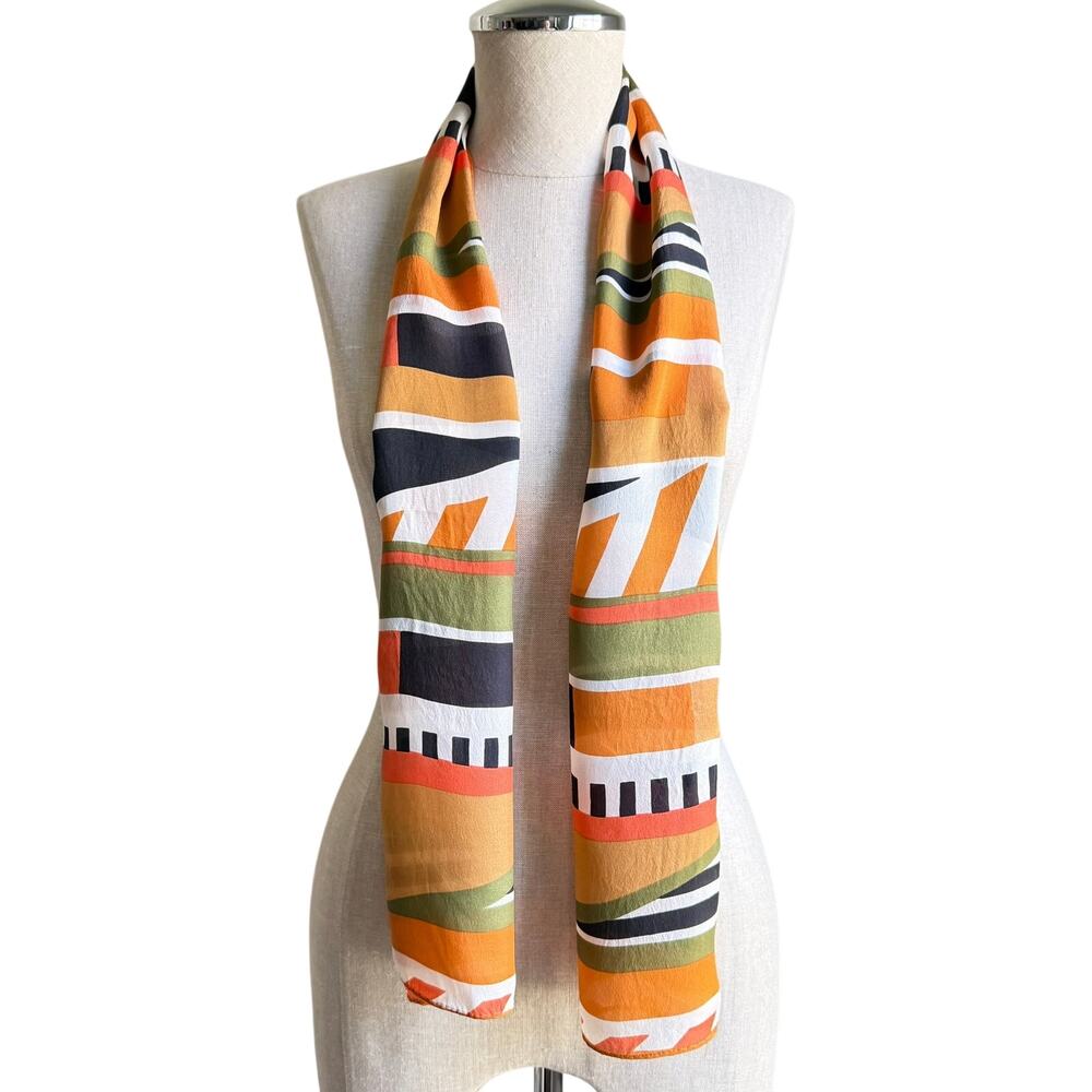 Vintage 100% Silk Scarf Abstract Print Orange Green Black Made in Japan